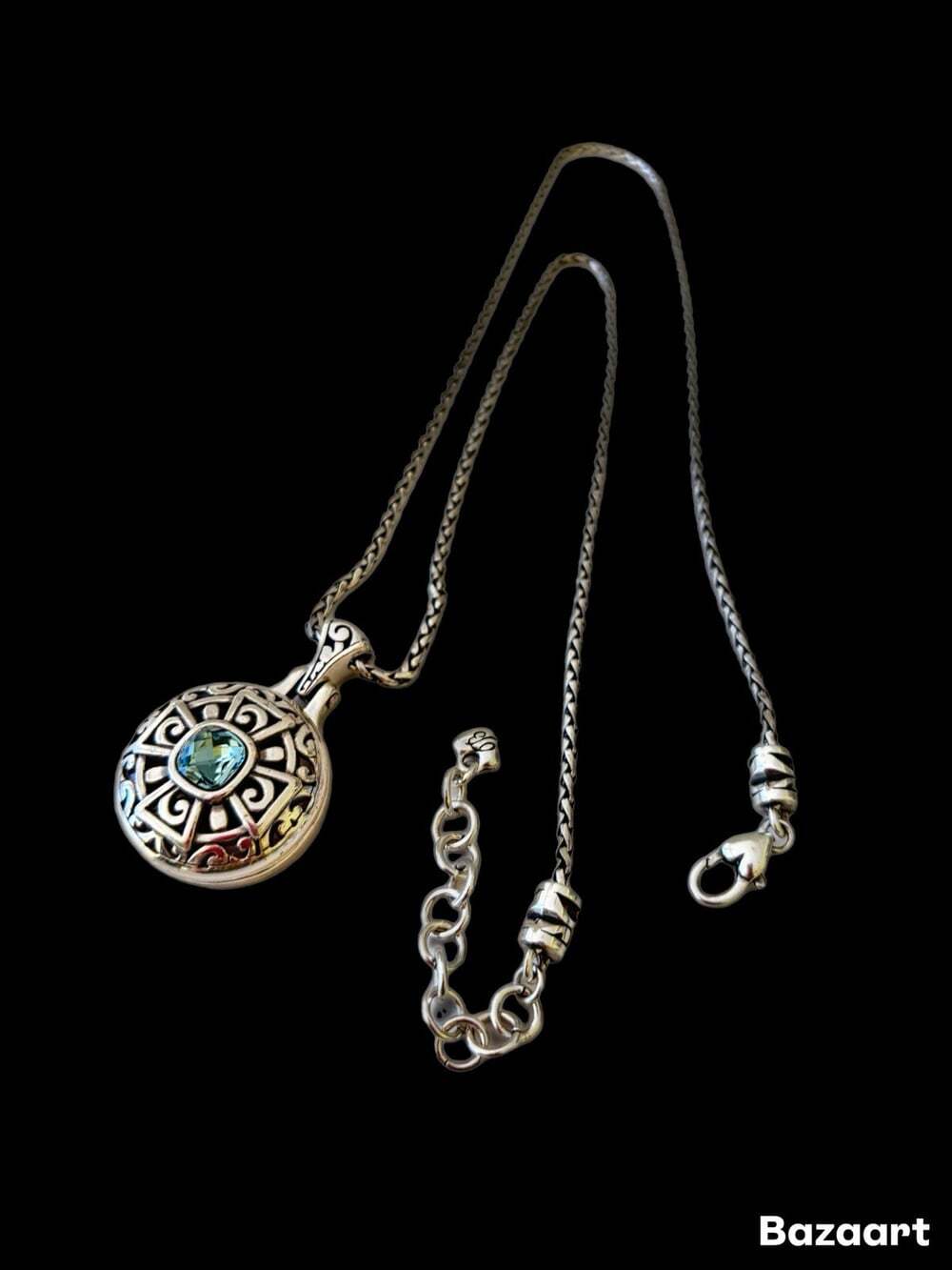 BRIGHTON Locket Celtic W/ Blue Crystal Stone Long Necklace Silver Plated